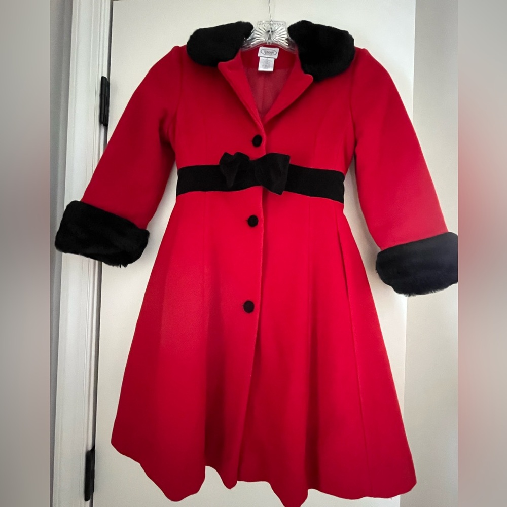Talbots Kids Red Wool Blend Holiday Coat with Black Faux Fur Trim Size 6